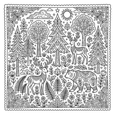 Immerse yourself in the tranquility of nature with this enchanting woodland coloring page. Featuring majestic deer, a playful bear, and lush forest scenery, it's perfect for a relaxing creative escape.