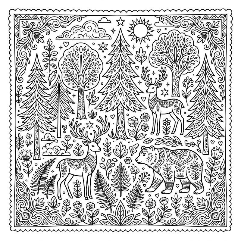 Immerse yourself in the tranquility of nature with this enchanting woodland coloring page. Featuring majestic deer, a playful bear, and lush forest scenery, it's perfect for a relaxing creative escape.