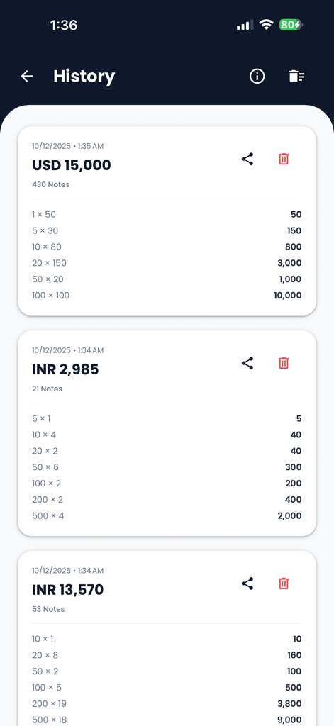 Money Counter - Cash Counter - Transaktionsverlaufsliste in der Money Counter App mit mehreren Bargeldzähldatensätzen mit Währungssummen und Scheinaufschlüsselungen.