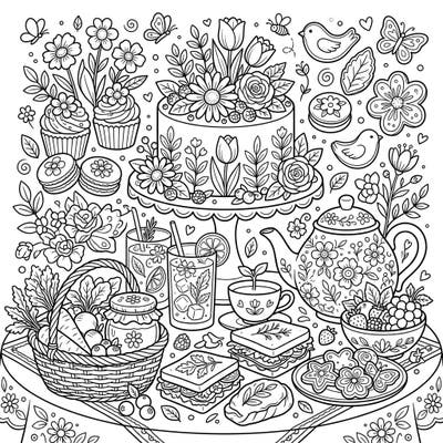 Dive into the joy of spring with this charming digital food art coloring page, showcasing a magnificent picnic spread. Featuring an array of delectable treats and vibrant floral designs, it’s perfect for a relaxing and creative coloring session.