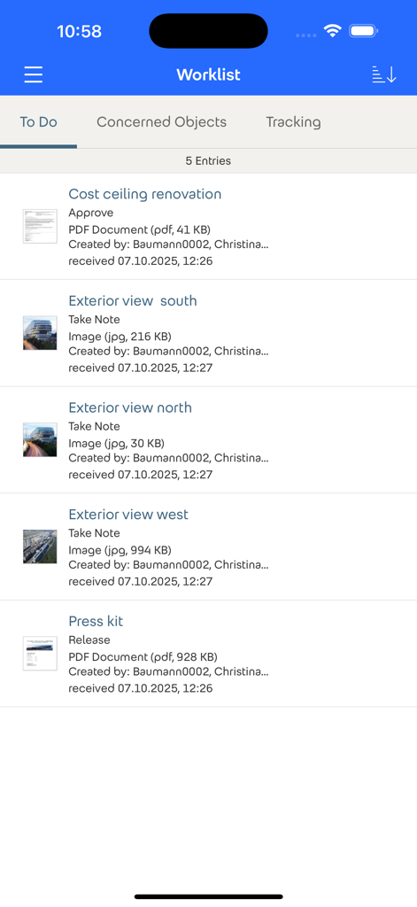 Der Fabasoft-App-Arbeitslistenbildschirm auf einem iPhone zeigt eine Liste von professionellen Aufgaben, einschließlich Dokumentengenehmigungen und Bildprüfungen.