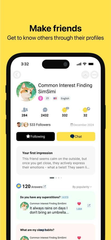 SimSimi - Interface do perfil do aplicativo SimSimi mostrando um personagem de IA pessoal com um avatar de gato e opções de chat social