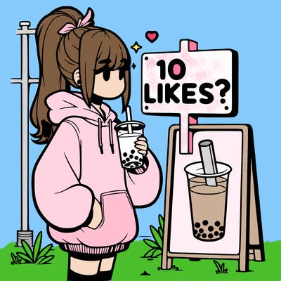 girl with oversized hoodie drinking boba and she has a high ponytail with a sign that says 10likes?