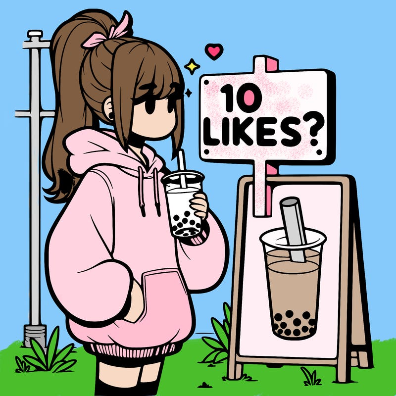 girl with oversized hoodie drinking boba and she has a high ponytail with a sign that says 10likes?