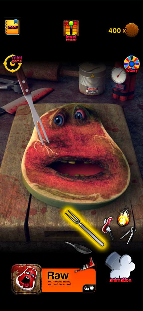 The Steak: Charlie Animations - Il personaggio Charlie the Steak su un tagliere con strumenti da cucina interattivi