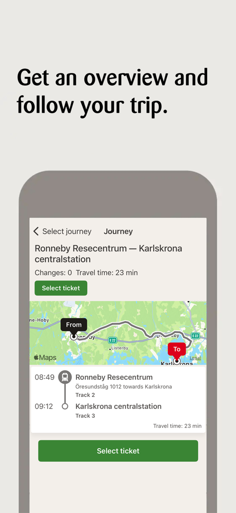 Blekingetrafiken app journey overview screen with map and route details
