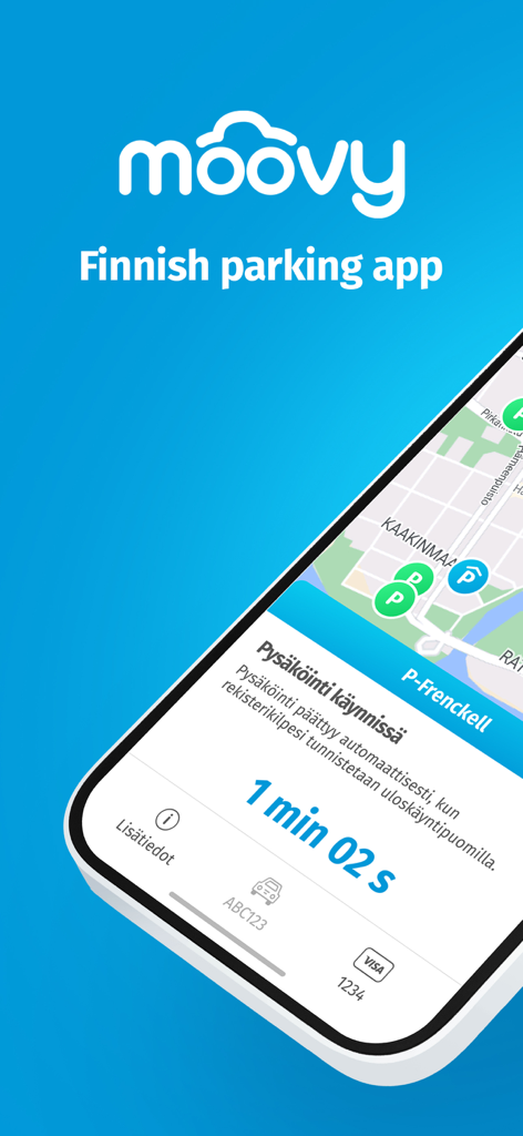 Moovy app interface showing an active parking session with a timer and a map of parking locations in Finland