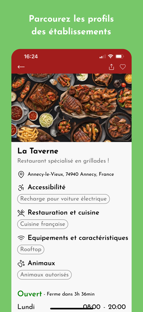 NeoSpot App zeigt ein detailliertes Restaurantprofil für La Taverne mit Fotos, Standort und Annehmlichkeiten.