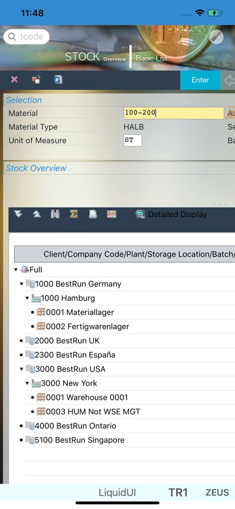 Liquid UI Client for SAP - Liquid UI mobile app displaying SAP stock overview with material selection and a list of global warehouse locations
