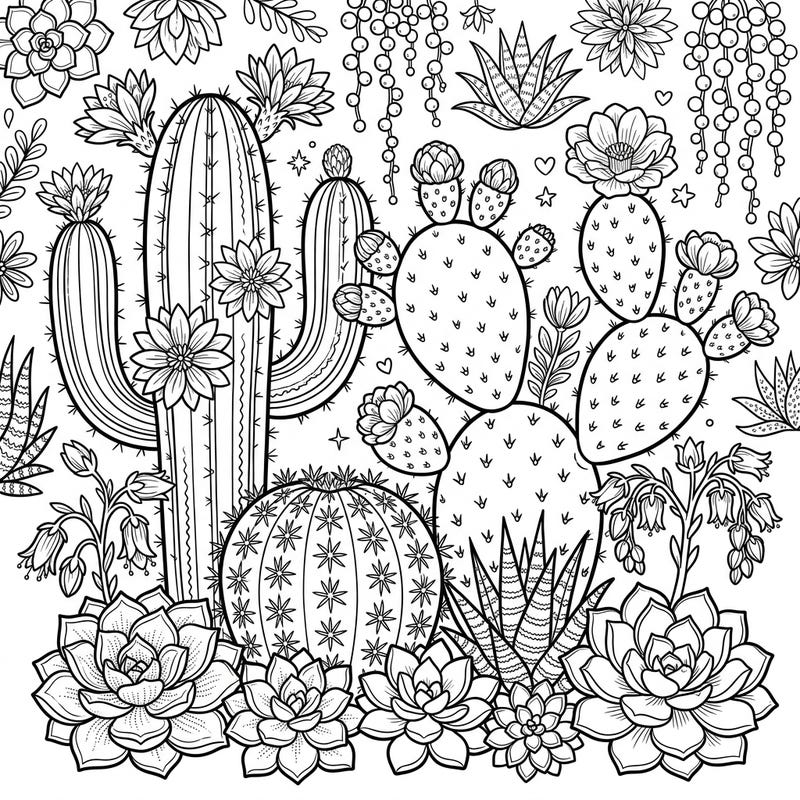 Celebrate spring with this stunning coloring page featuring a bountiful collection of cacti and succulents. Discover delicate blooms and intricate desert flora, perfect for a relaxing and creative coloring experience.