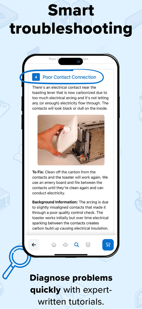 Smartphone screen displaying an iFixit repair guide for a toaster with smart troubleshooting tips