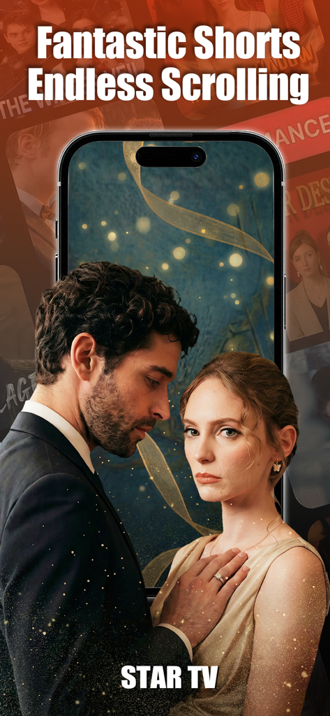 STAR TV - Movies & Dramas - Un homme et une femme dans une scène romantique sur l'écran d'un smartphone pour le mini-drama STAR TV.