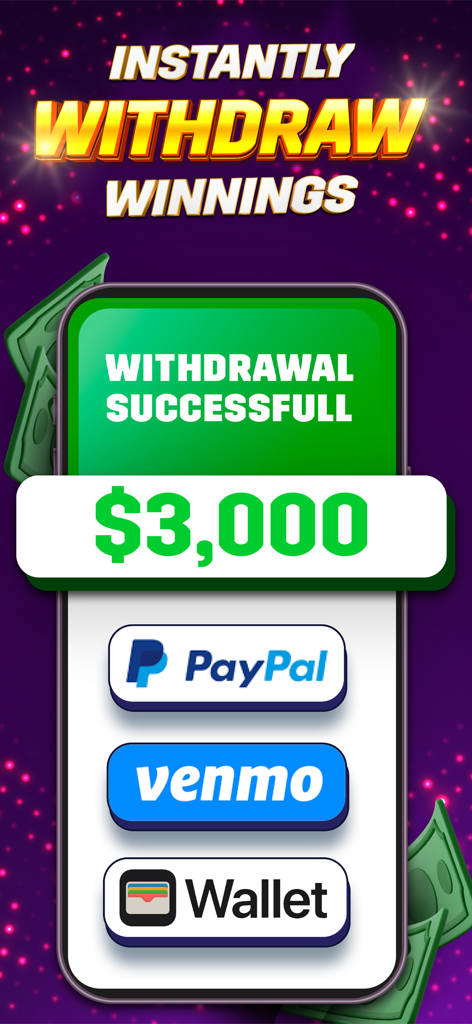Bingo Solitaire Cash Games app screen showing a successful three thousand dollar withdrawal with PayPal and Venmo options