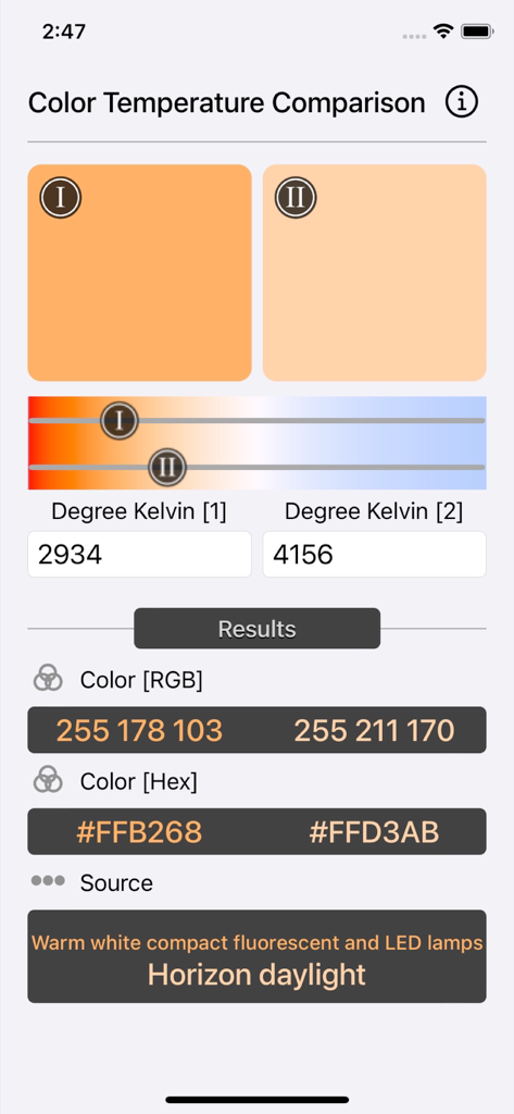 Interface do aplicativo Comparação de Temperatura de Cor mostrando os valores Kelvin 2934 e 4156 com os códigos RGB e HEX correspondentes.