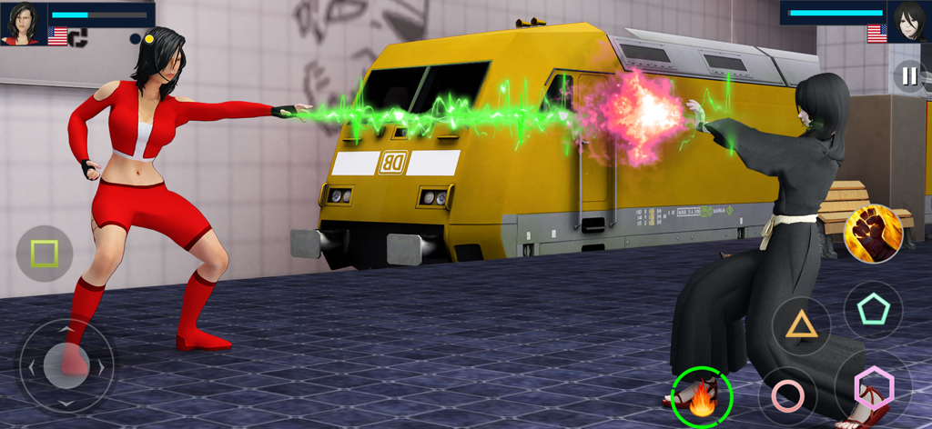 Anime Battle 3D Fighting Games - Two anime characters engaging in a 3D martial arts battle with energy powers in a subway station.