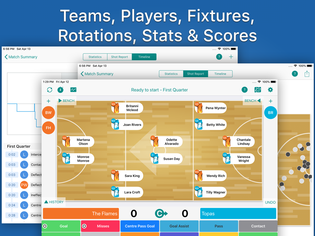 Great Coach Netball - Great Coach Netball app for iPad displaying team rotations and game statistics on a virtual court