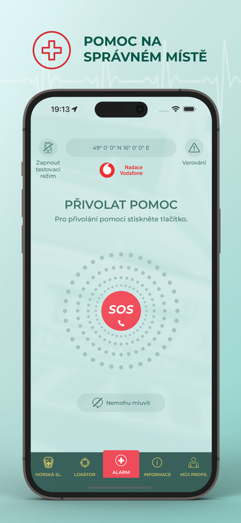 Záchranka mobile app interface featuring a large red SOS button to call for emergency help and current GPS coordinates