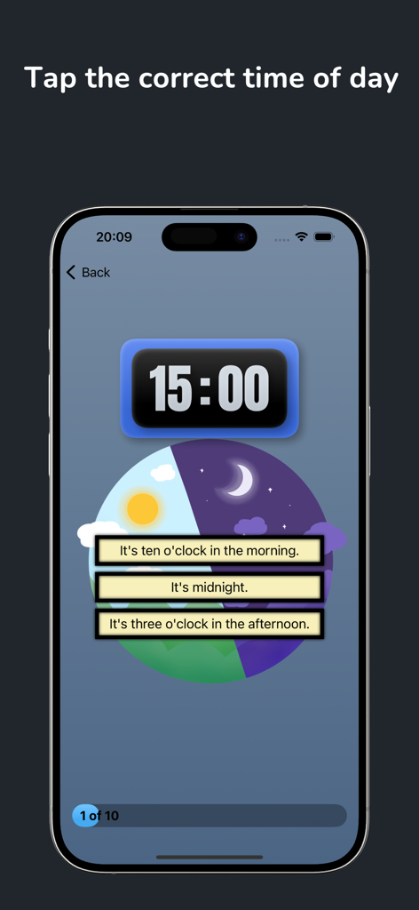 Kloklezen - Educational app interface for matching digital clock time with descriptive sentences.