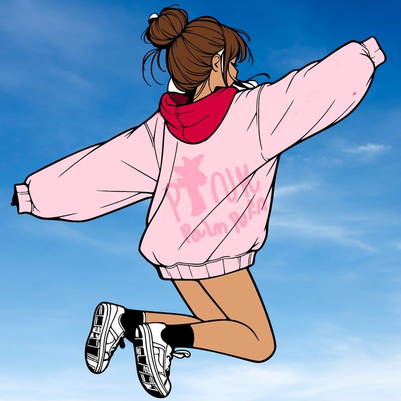 realistic girl jumping with a bun and oversized sweatshirt