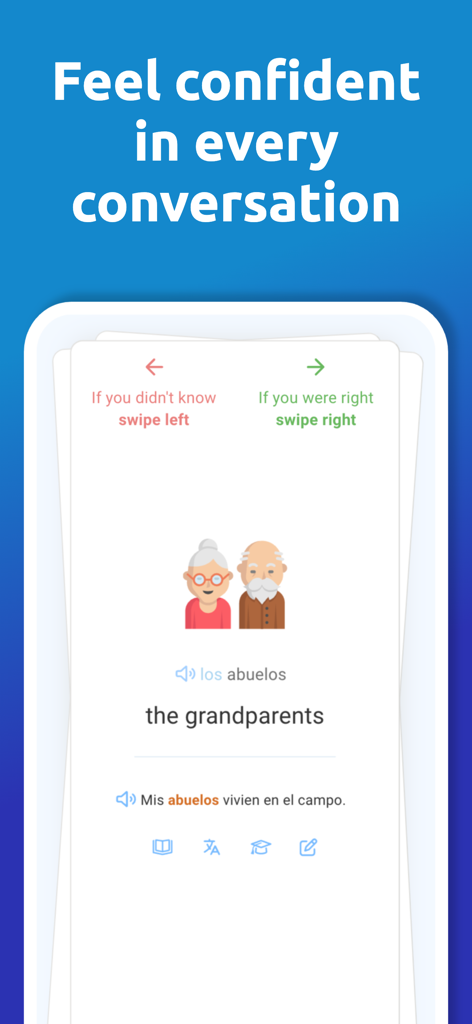 DuoCards: Language Learning - 스페인어 단어 카드 화면으로, 조부모를 위한 단어 카드이며 왼쪽 또는 오른쪽으로 스와이프하여 학습하라는 지침이 표시됨