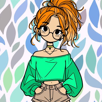 girl with a messy ponytail glasses a baggy crop top and jean shorts