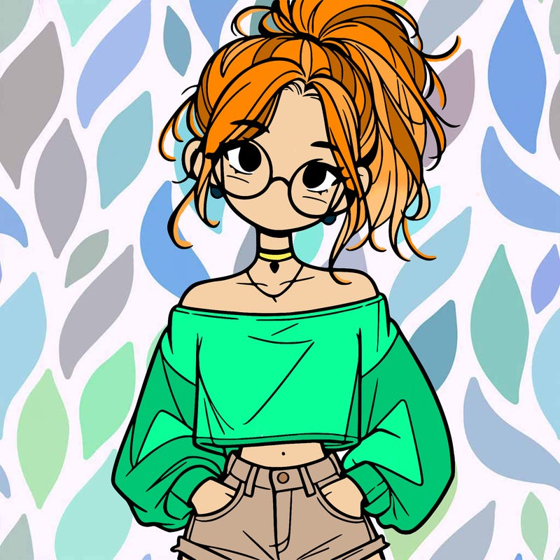 girl with a messy ponytail glasses a baggy crop top and jean shorts