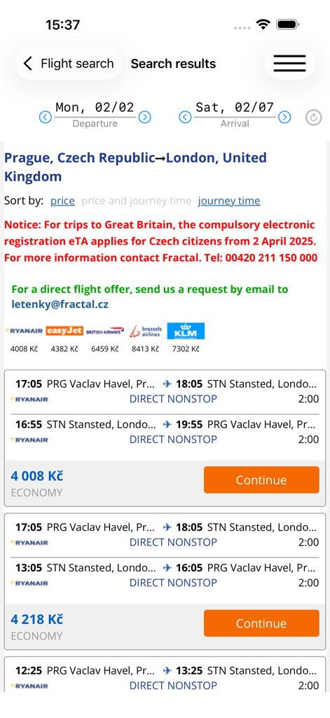 AirTickets: Quick Booking - Interface do aplicativo AirTickets mostrando resultados de busca de voos de Praga para Londres com várias opções de companhias aéreas e preços