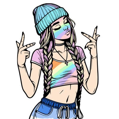 realistic teenage girl with braids and a beanie and crop top doing 🫶🏼
