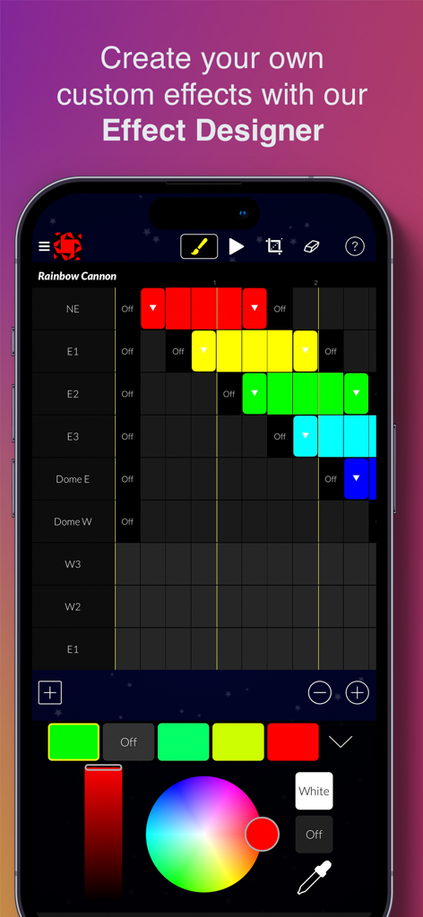 Light DJ Pro for Smart Lights - Screenshot of the Light DJ Pro custom effect designer showing a color sequencer and color wheel.