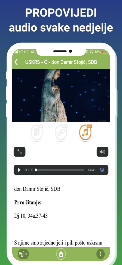 Nova Eva - Interfaccia dell'app Nova Eva che mostra sermoni audio cattolici in croato