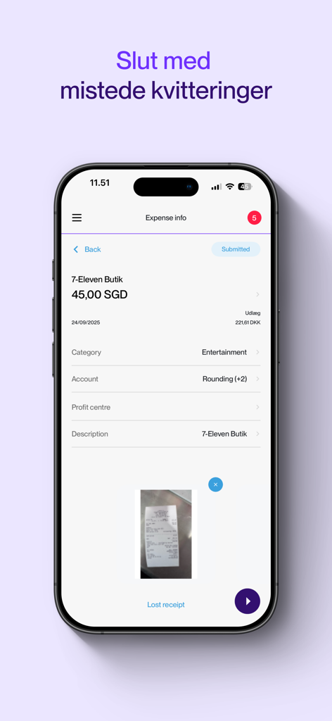 A mobile phone screen showing expense details and a receipt photo in Zenegy Expense
