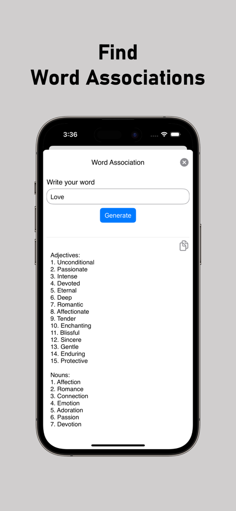 Función de asociación de palabras en una aplicación de composición que muestra adjetivos y sustantivos para la palabra amor