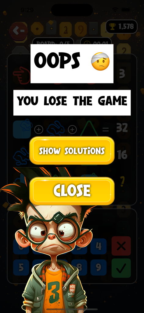 Brain Quiz Master - A game over screen in the Brain Quiz Master app with options to see solutions or close.