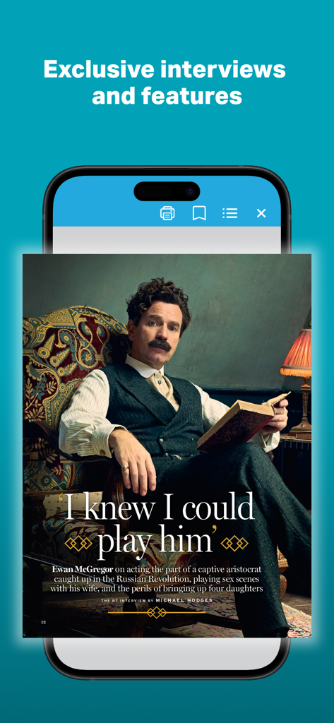 The Radio Times Magazine app displaying an exclusive interview article featuring Ewan McGregor on a smartphone screen.