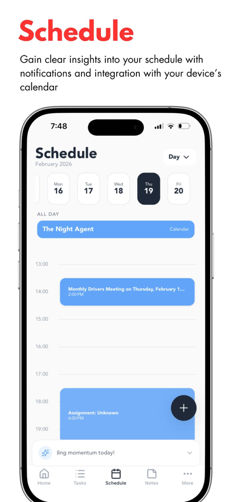 Tela de agenda do aplicativo OneMind mostrando um planejador diário com integração de calendário e tarefas bloqueadas por tempo em um iPhone