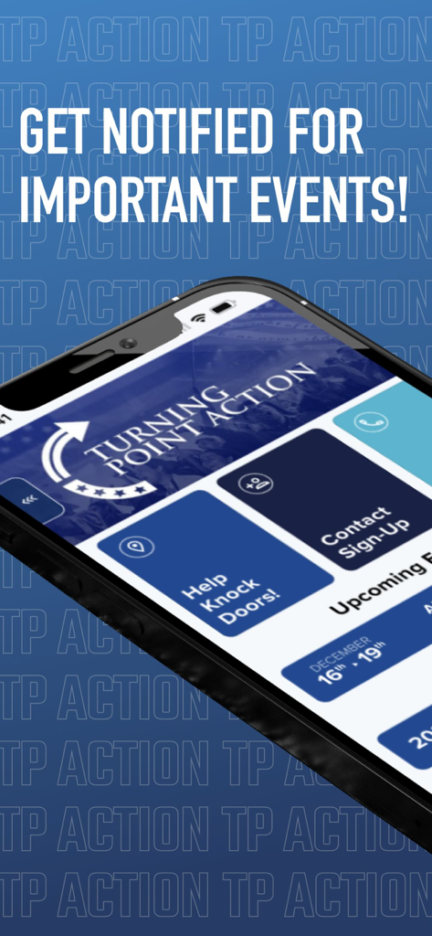 TPACTION - TPACTION-App-Oberfläche, die Benachrichtigungen über Veranstaltungen und politische Interessenvertretungstools wie Haustürklopfen und Anmeldungen hervorhebt