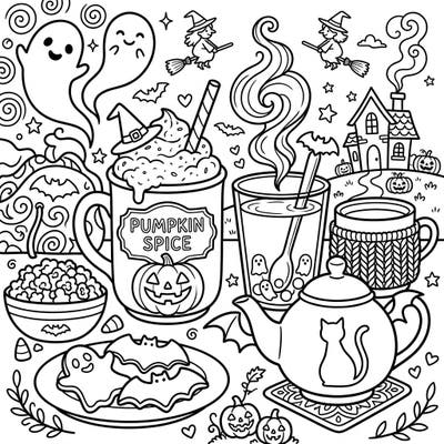 Embrace the spirit of autumn and Halloween with this delightful coloring page featuring warm beverages and spooky treats. From pumpkin spice lattes to friendly ghosts, it's the perfect way to relax and get creative this season.