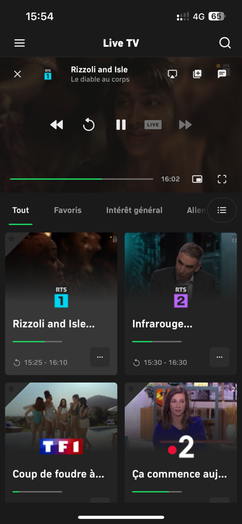Salt TV mobile app interface showing live TV channels and a video player with playback controls.