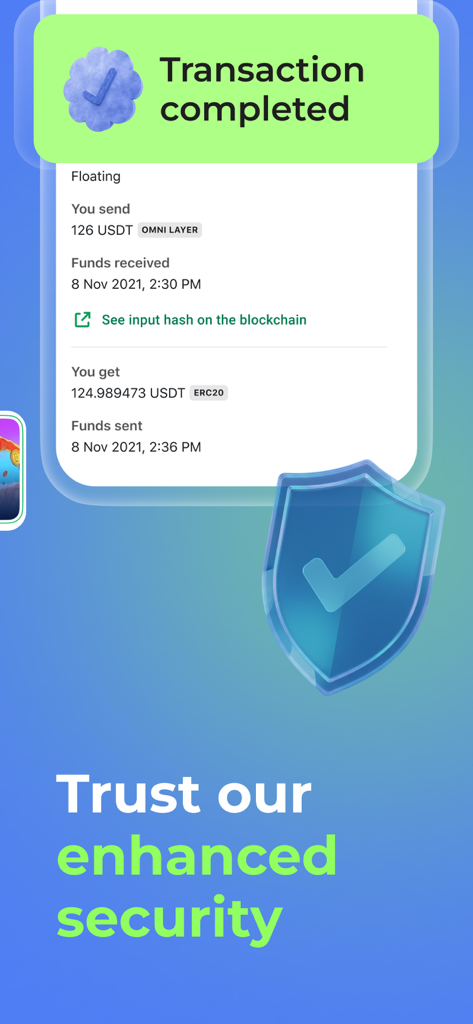 Interfaz de la aplicación Changelly mostrando una transacción de criptomonedas exitosa y un icono de escudo de seguridad