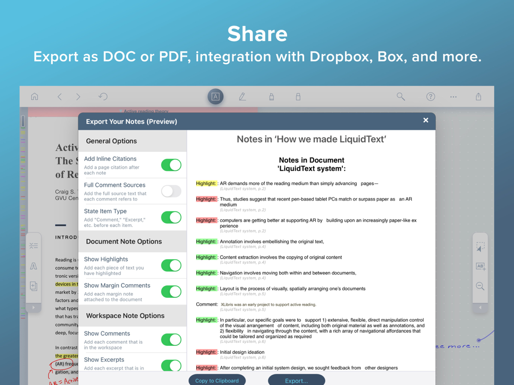 LiquidText app interface showing note export options and document preview on iPad