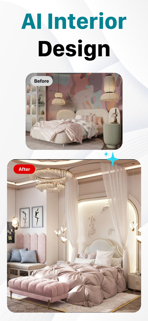 Before and after bedroom transformation using AI Interior Design app showing a shift from simple decor to a luxury pink aesthetic