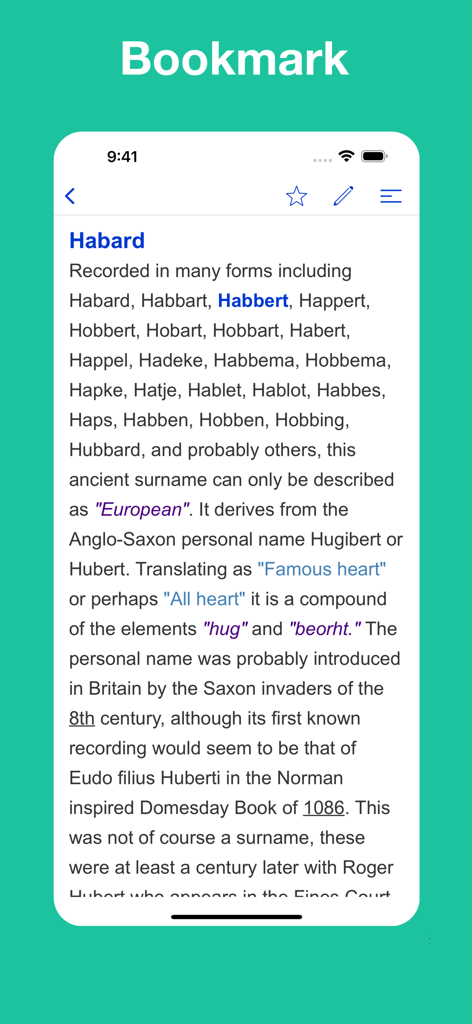 Pantalla de la aplicación Diccionario de Apellidos y Nombres que muestra la historia y el significado del apellido Habard