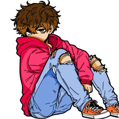 a male hoddie ripped jeans messy hair anime