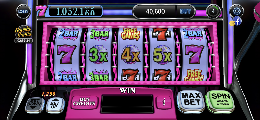 DoubleDown Classic Slots gameplay featuring five reels and a pink interface