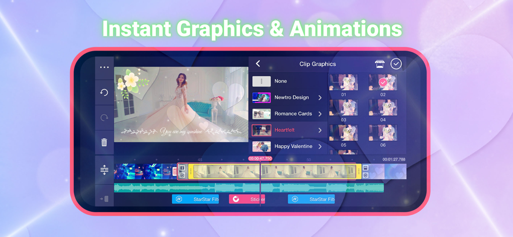 Interfaz del editor de video móvil KineMaster mostrando gráficos de clips y animaciones para edición de video