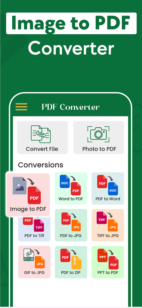 Interface do aplicativo móvel PDF Converter mostrando várias opções de conversão de documentos como Imagem para PDF e Word para PDF