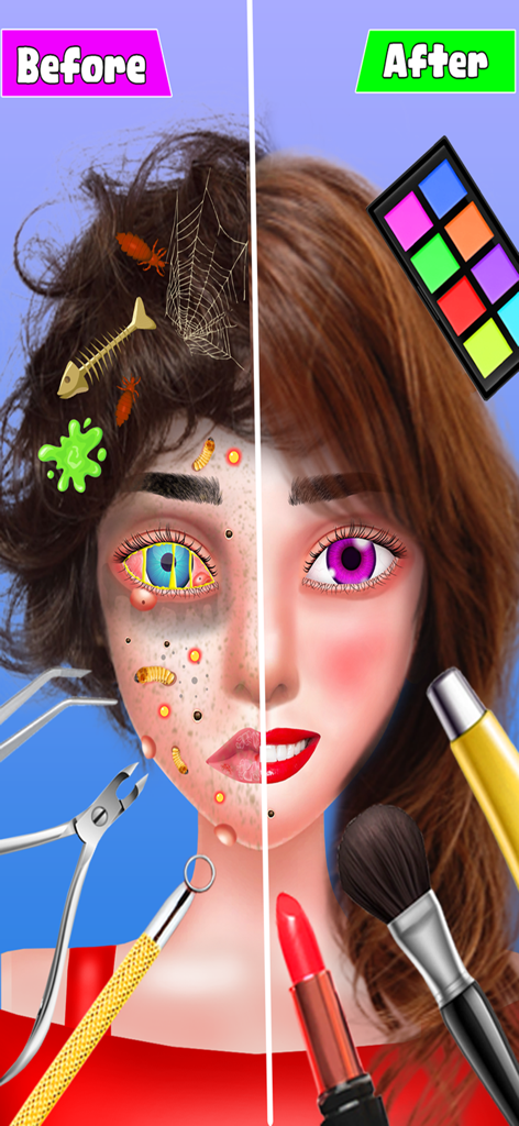 A split screen showing a messy character before and a clean makeup transformation after