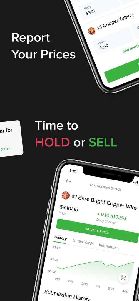 iScrap: National Scrap Prices - A promotional screenshot showing the iScrap app interface for reporting metal prices and viewing historical copper price charts.