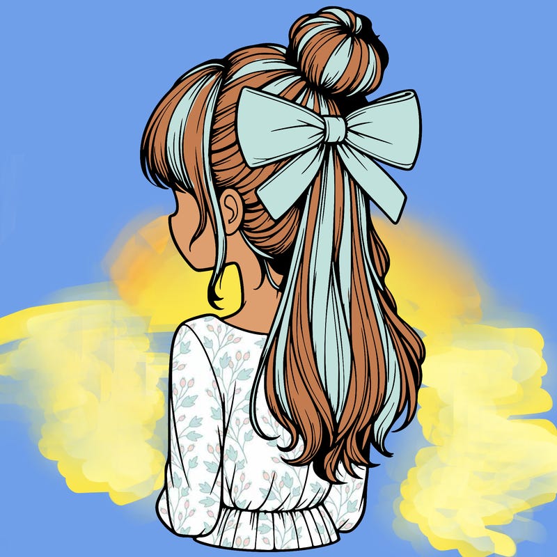 realistic girl  with hip length hair a bun and a big bow on the back of head