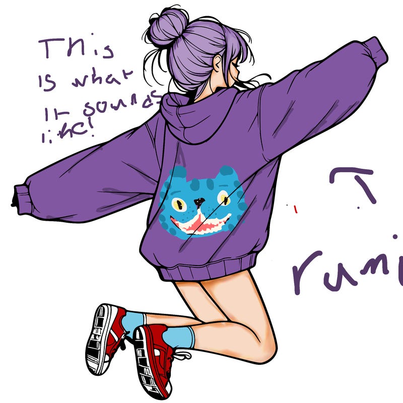 realistic girl jumping with a bun and oversized sweatshirt